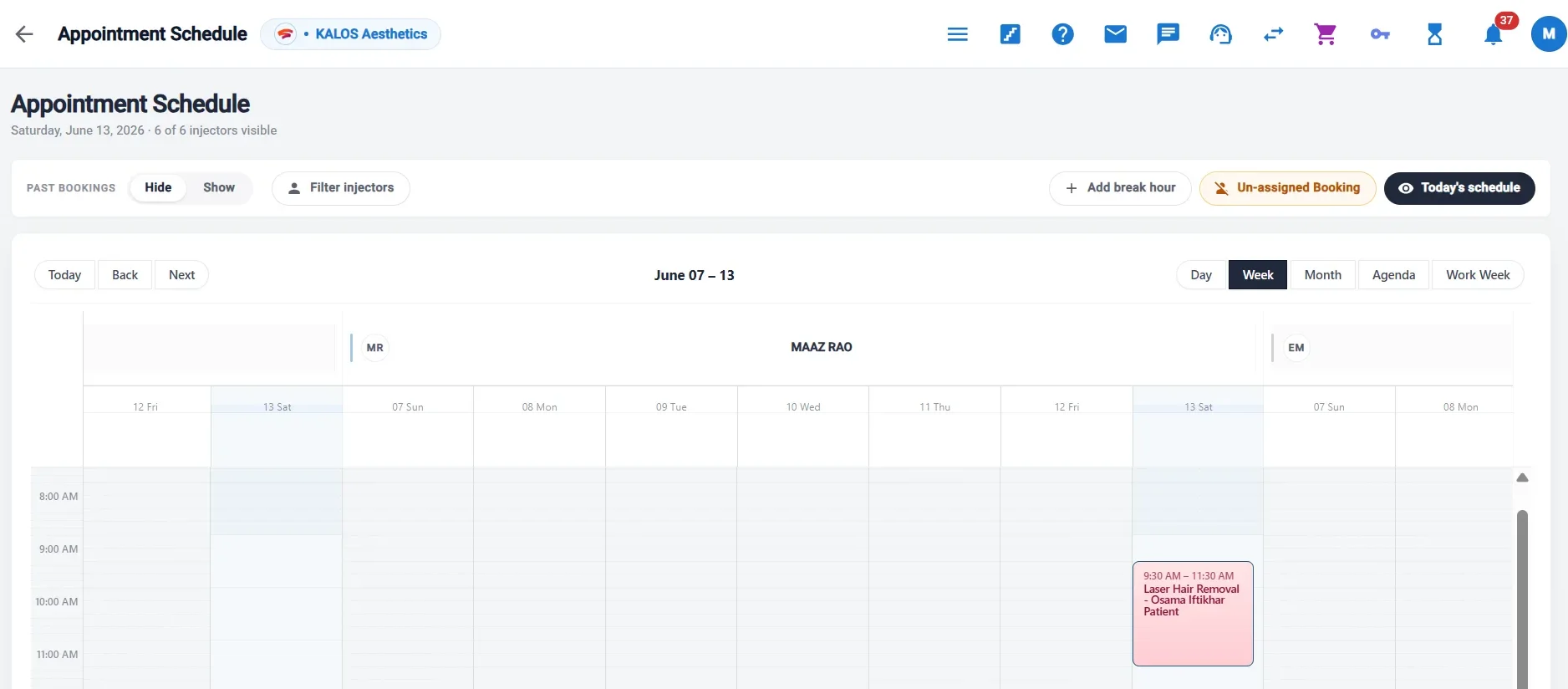 Appointment schedule by injector, week view