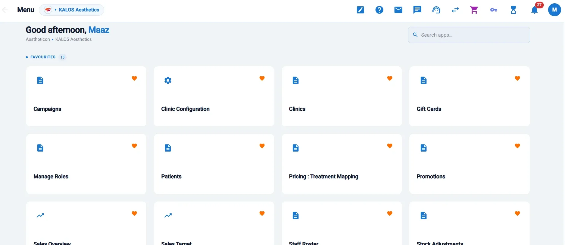 App menu with clinics, patients, roles and promotions