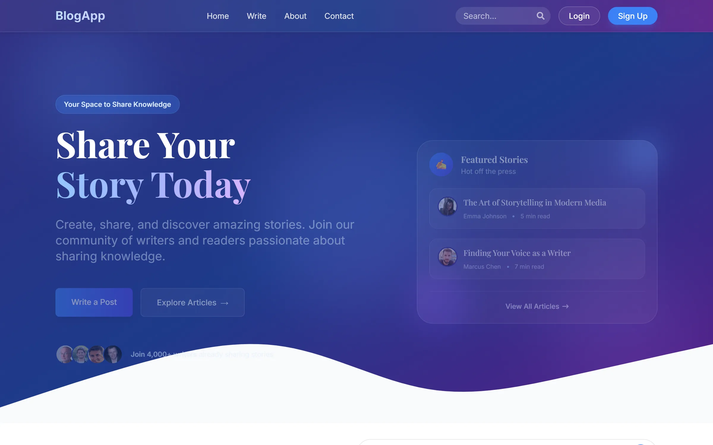 BlogApp home with featured stories