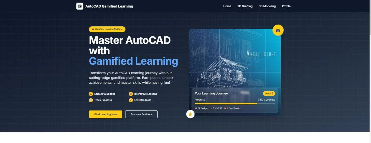 CADQuest home: gamified AutoCAD learning