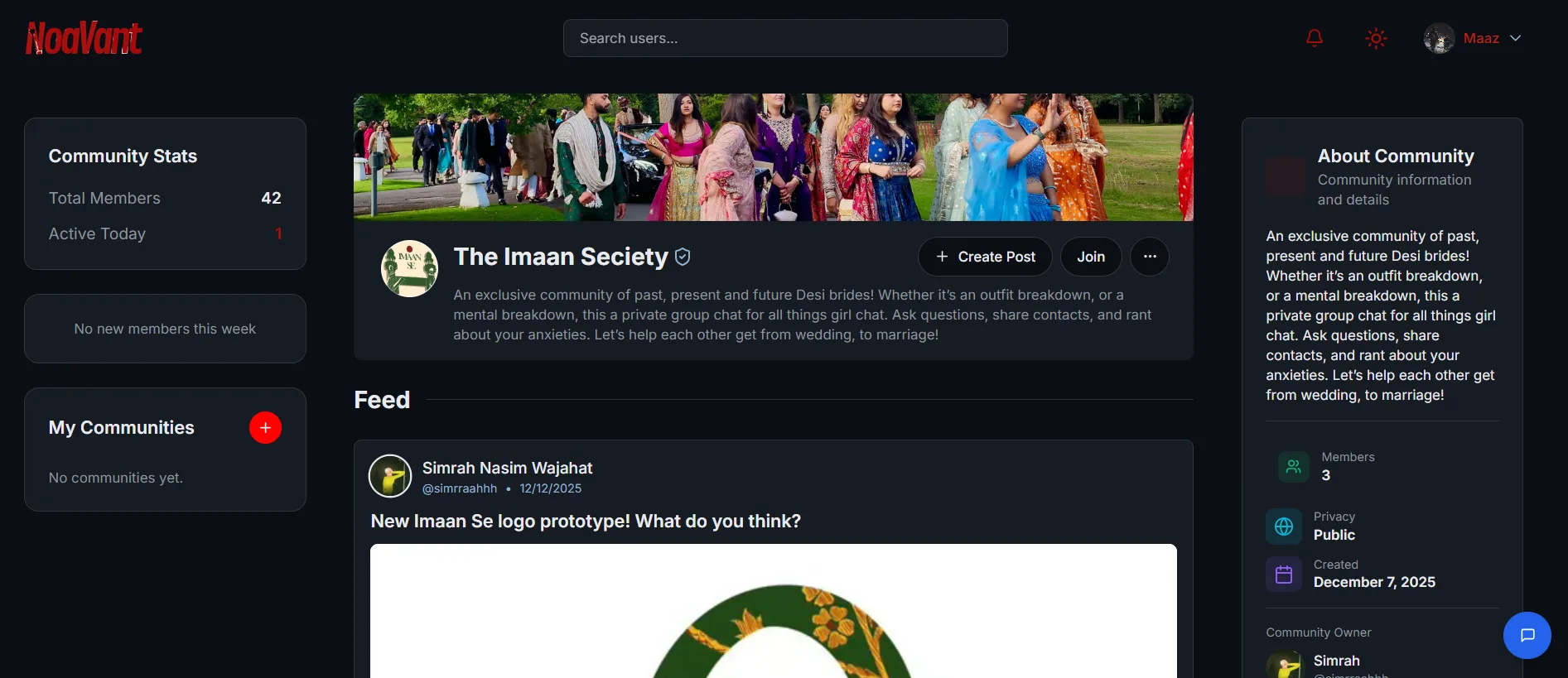Community page with feed, members and privacy settings