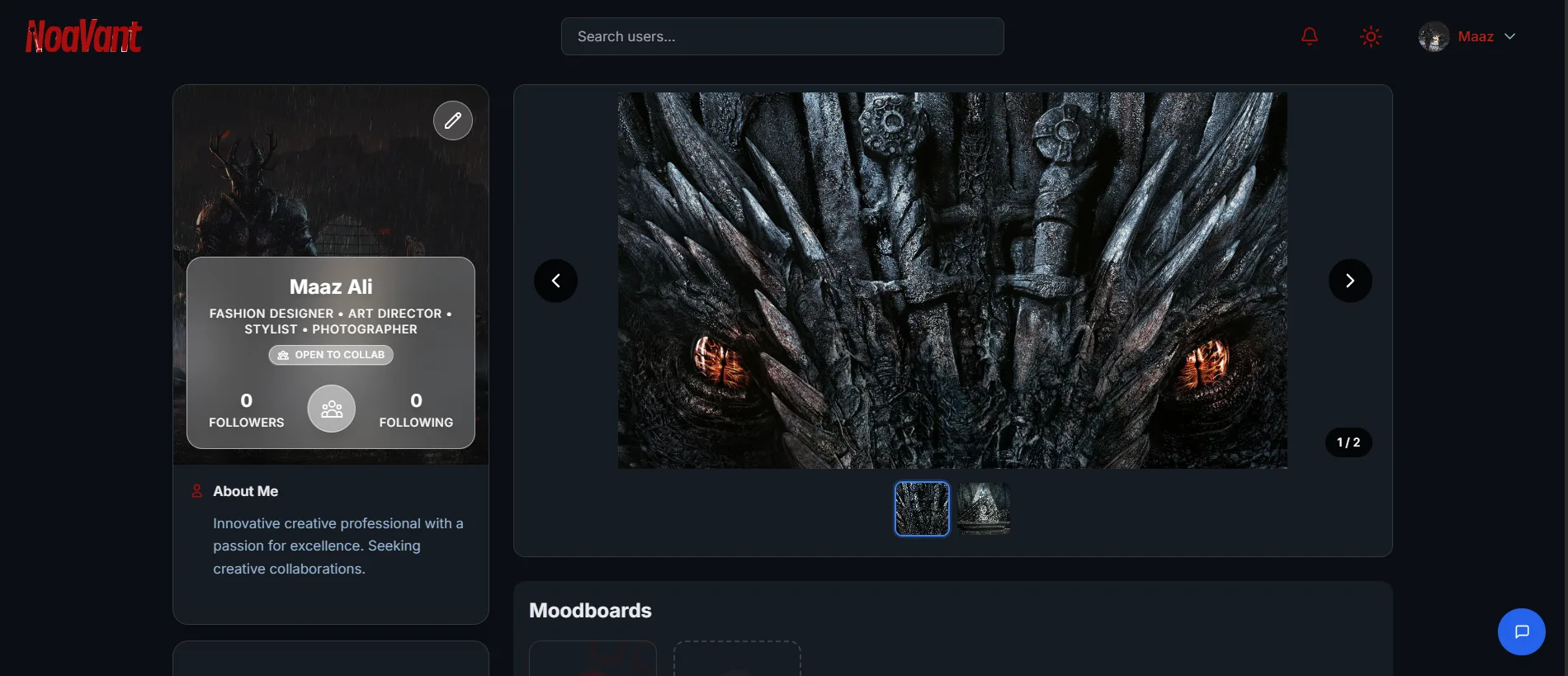 Creative profile with portfolio and moodboards
